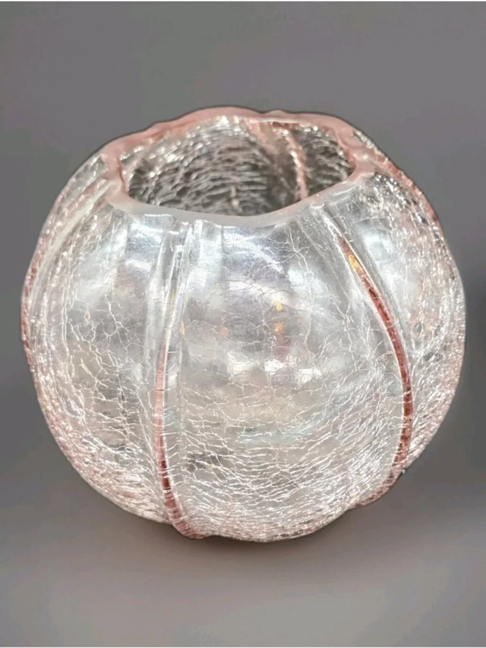 Pink Crackle Art Glass Rose Bowl Or Candle Holder Manganese Glows Purple Boho
